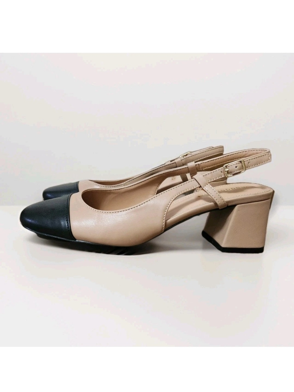 Madden Girl Kiitty Slingback Block Heel Pumps Beige Black Cap Toe Women 9.5 M - Picture 5 of 16